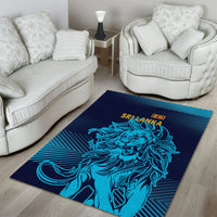 Sri Lanka lion area rug with dark navy background and turquoise lion face, geometric backdrop
