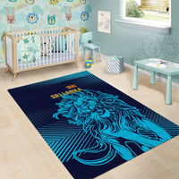 Area rug featuring Sri Lanka lion line art on dark blue with blue geometric lines