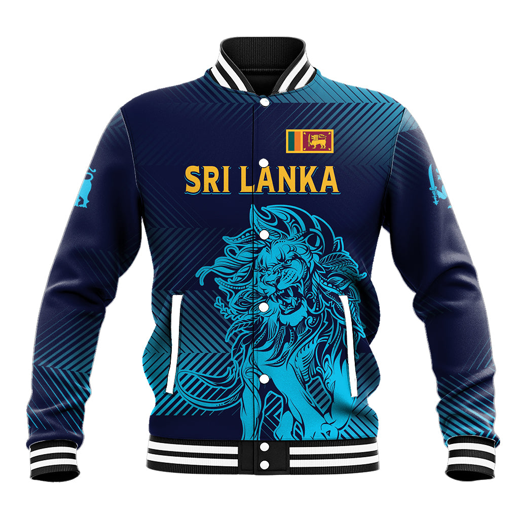 Unisex baseball jacket, blue gradient with Sri Lanka text and lion graphic, varsity collar