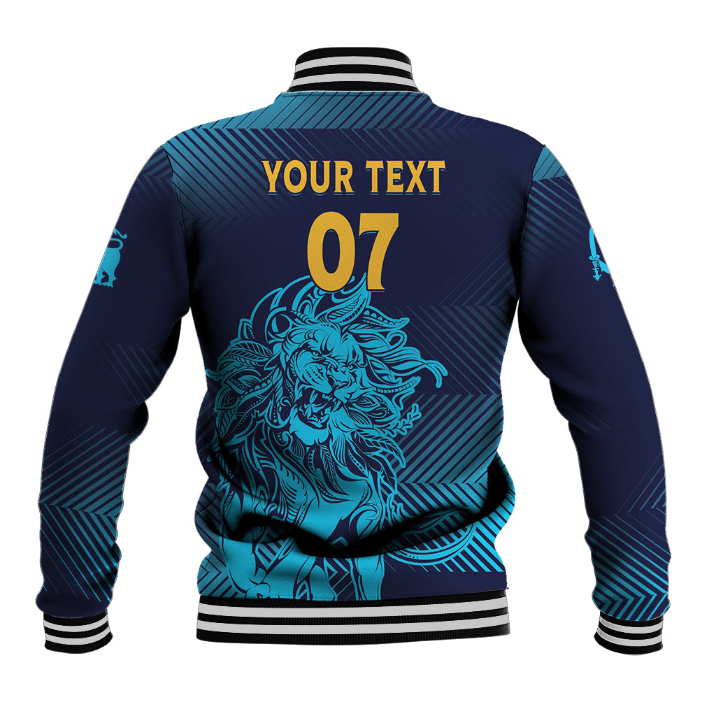 Unisex baseball jacket, blue gradient back with lion graphic, 07, striped rib cuffs