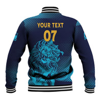 Unisex baseball jacket, blue gradient back with lion graphic, 07, striped rib cuffs