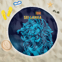 Round beach blanket with navy and blue gradient Sri Lanka lion graphic, white fringe edge