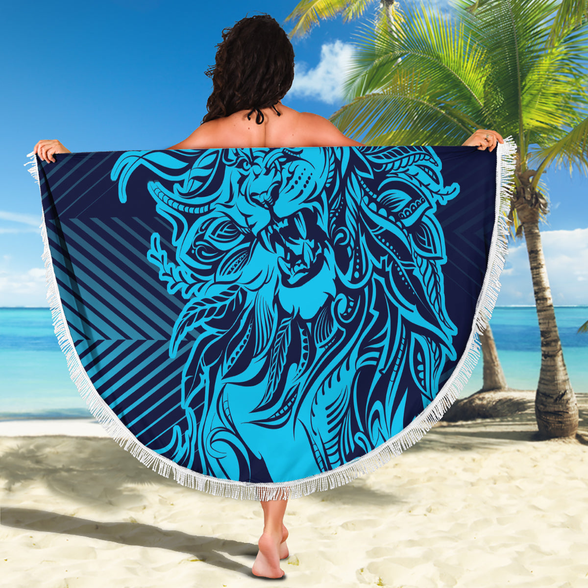 Round beach blanket showing Sri Lanka lion artwork in blue gradient, white fringed border