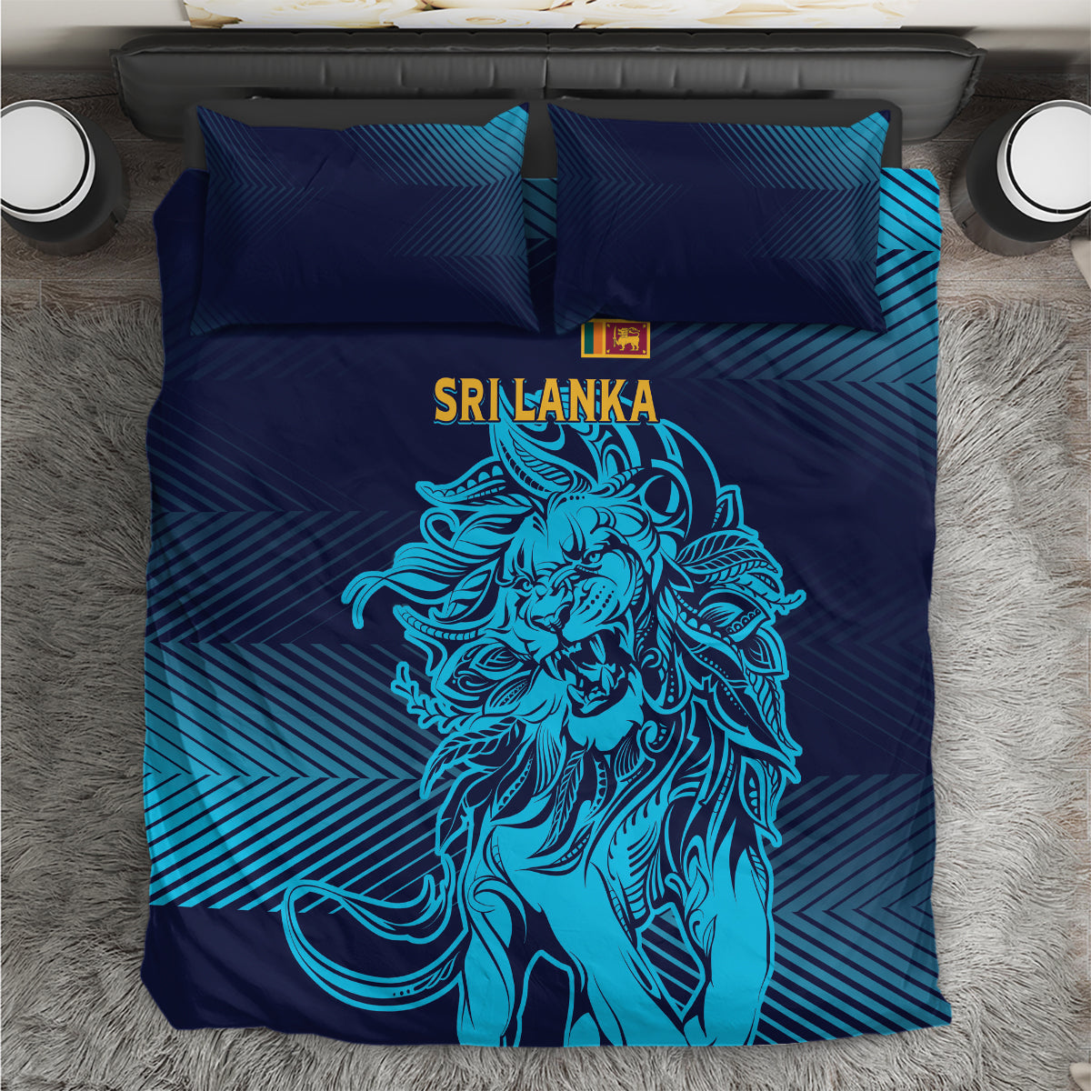 Blue bedding set with lion graphic, striped gradient pattern, and matching square pillowcases