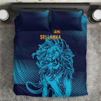 Blue bedding set with lion graphic, striped gradient pattern, and matching square pillowcases