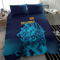 Blue bedding set featuring lion illustration and striped gradient pattern with two pillowcases