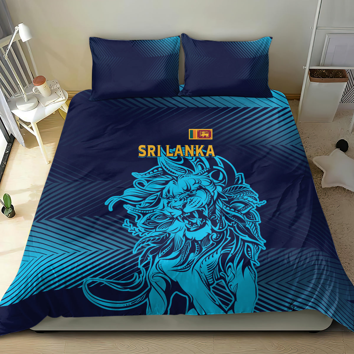 Blue bedding set with lion graphic, striped gradient design, and two pillow shams