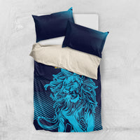 Navy and blue bedding set with lion artwork, striped pattern, and coordinating pillowcases