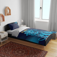 Blue bedding set with lion graphic on duvet and matching pillow and shams in bed setup