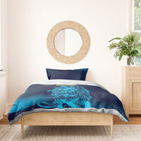 Blue bedding set with lion artwork on duvet and two matching pillowcases