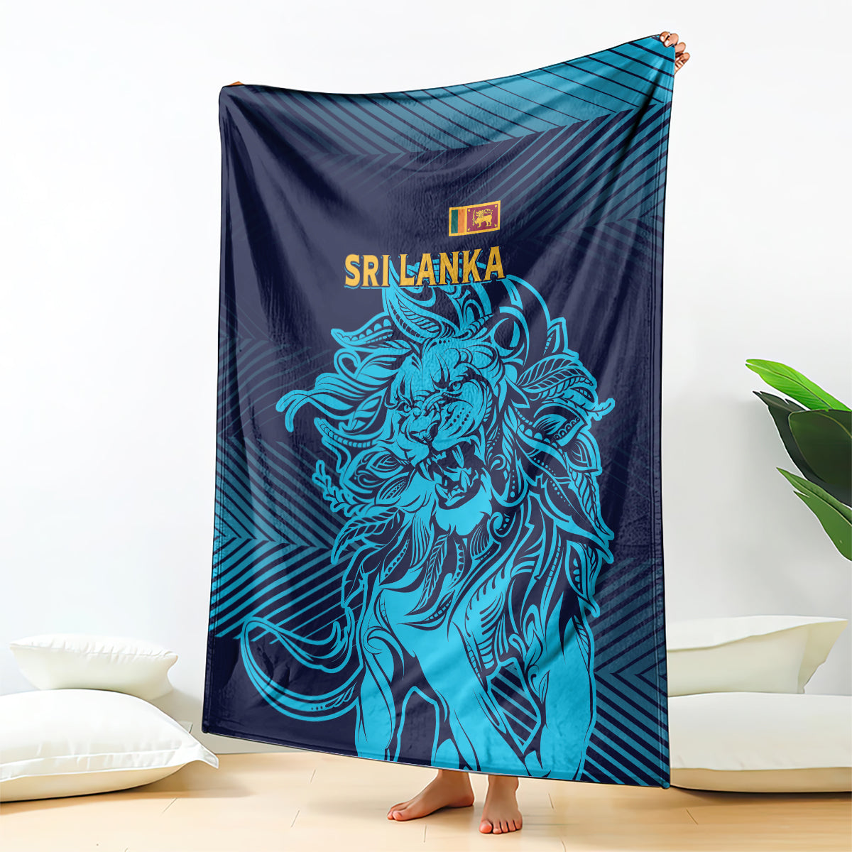 Navy blanket with blue lion illustration and Sri Lanka crest near top edge