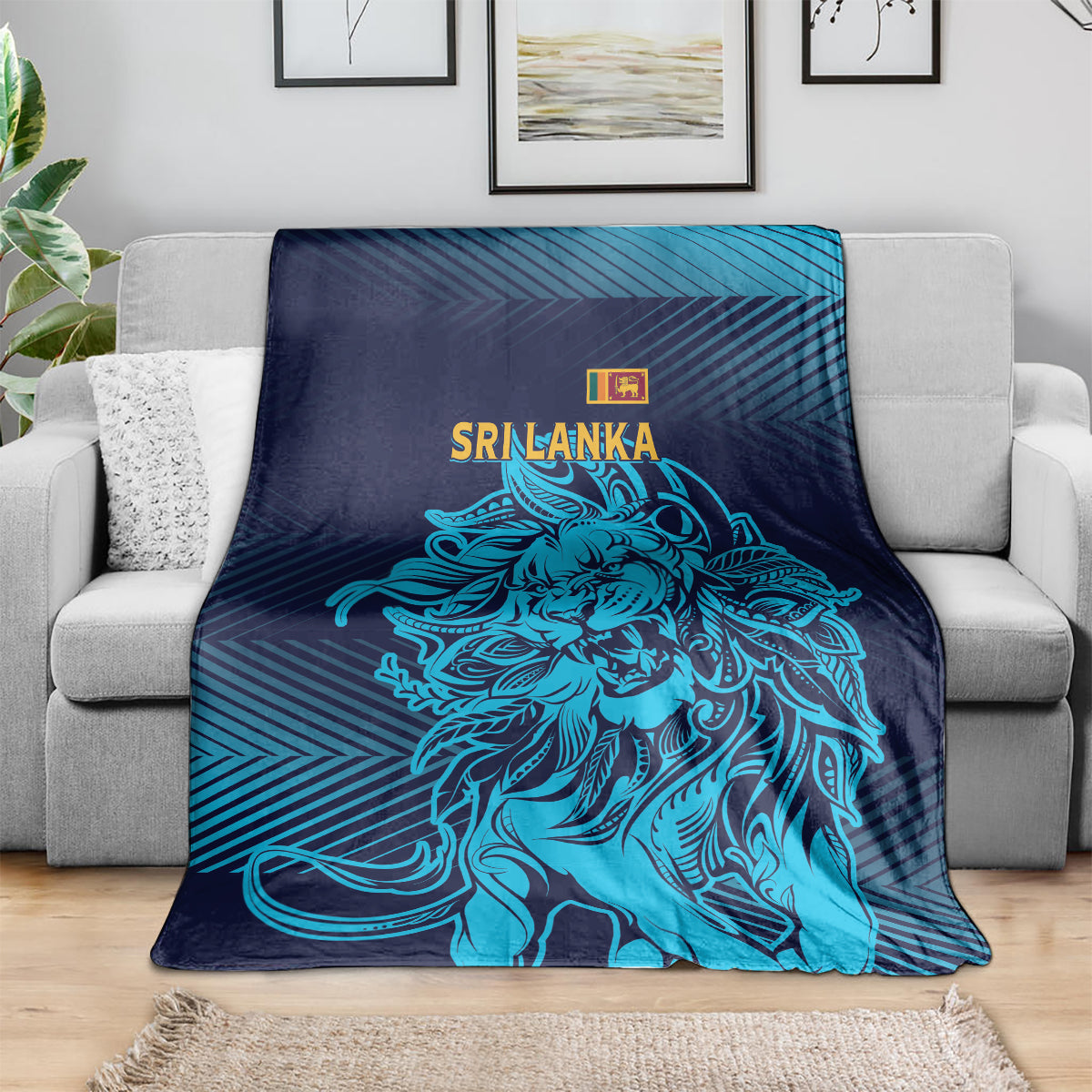 Navy gradient blanket with large blue lion artwork and Sri Lanka lettering