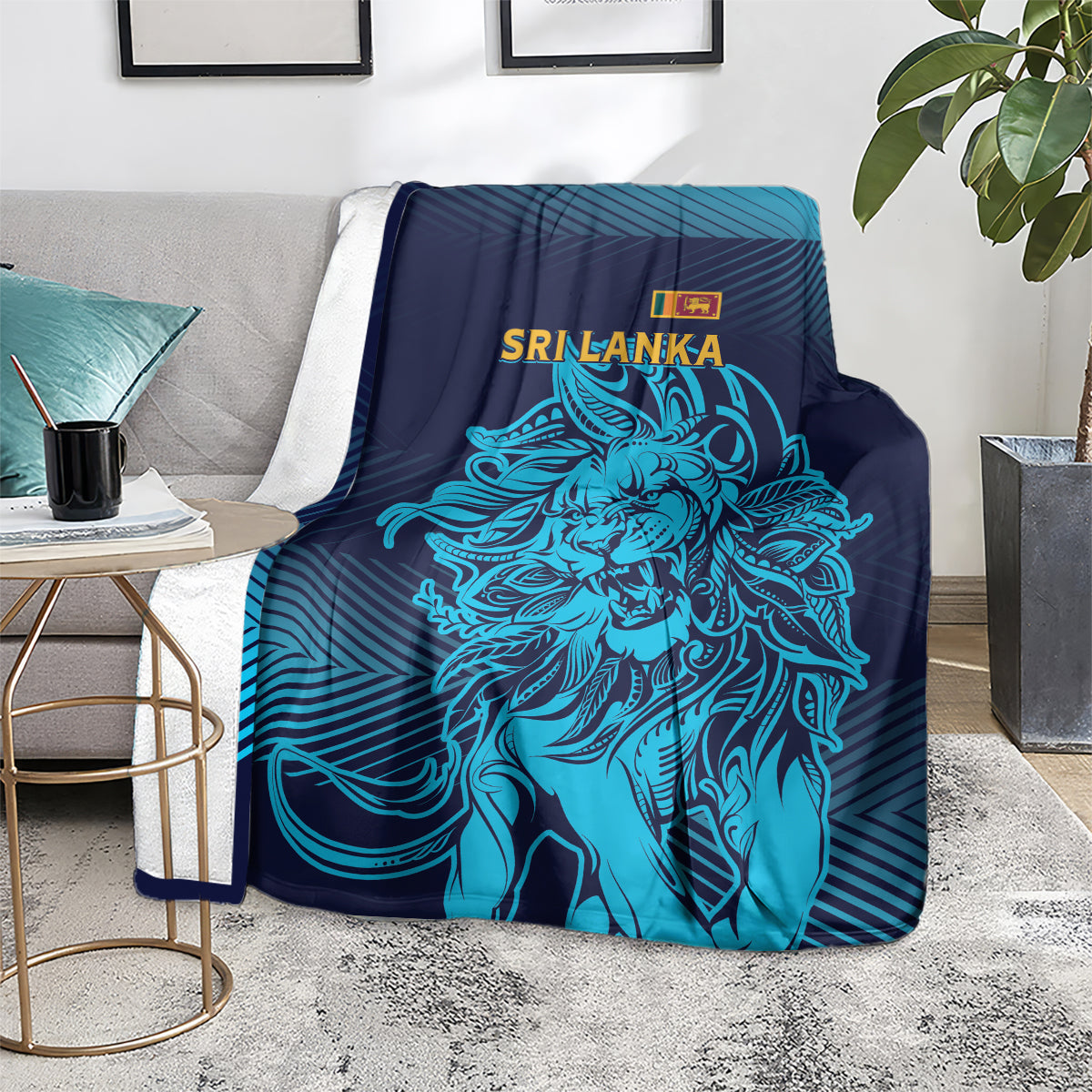 Navy gradient blanket with blue lion print and Sri Lanka wordmark