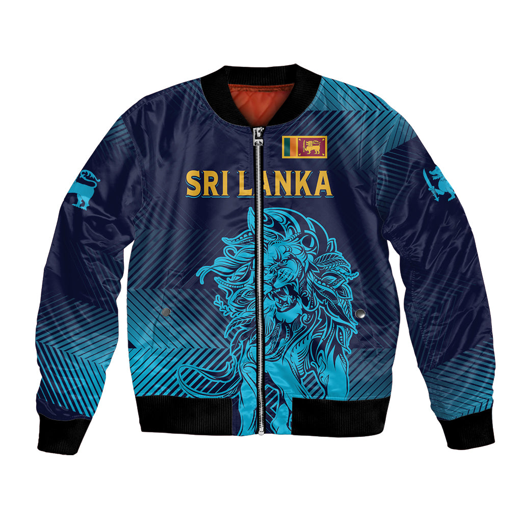 Navy bomber jacket with blue gradient lion graphic and full-zip front