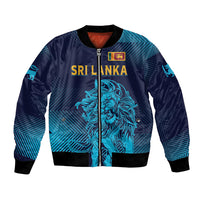 Navy bomber jacket with blue gradient lion graphic and full-zip front