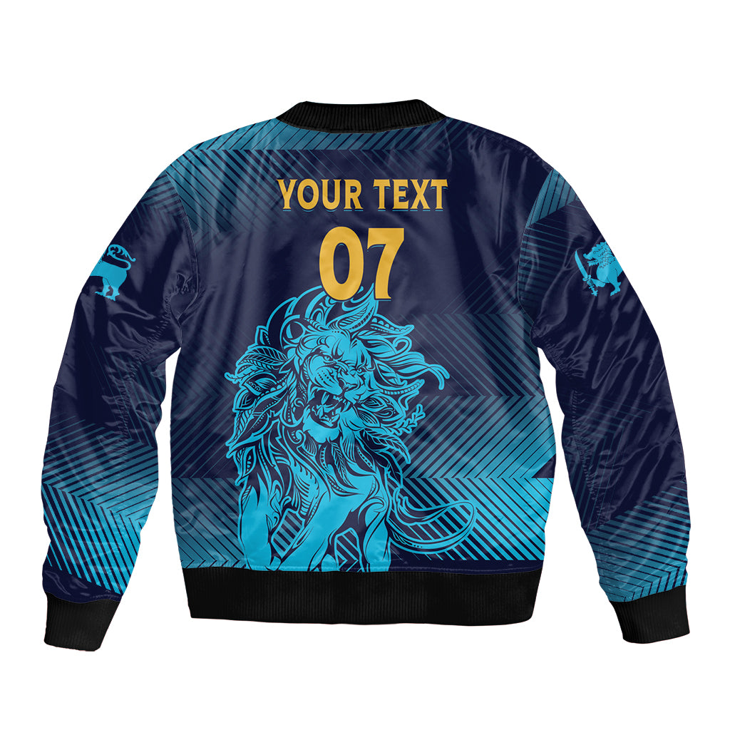 Navy bomber jacket with blue lion graphic, '07' text, and full back print
