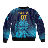 Navy bomber jacket with blue lion graphic, '07' text, and full back print