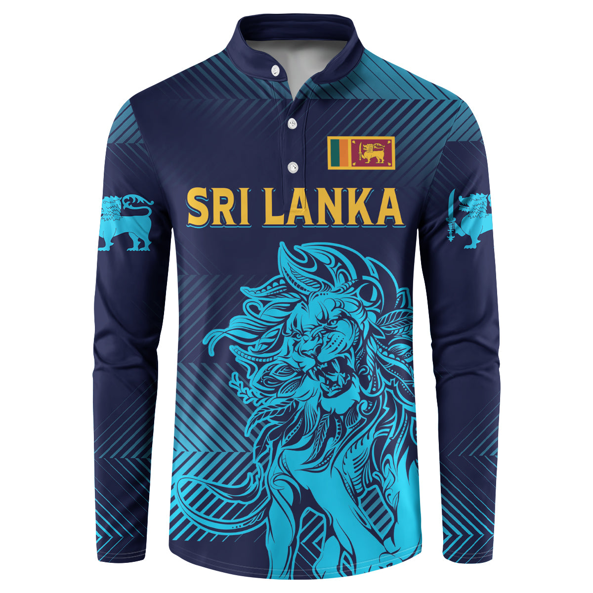 Button sweatshirt with navy-to-teal gradient, SRI LANKA print, lion graphic
