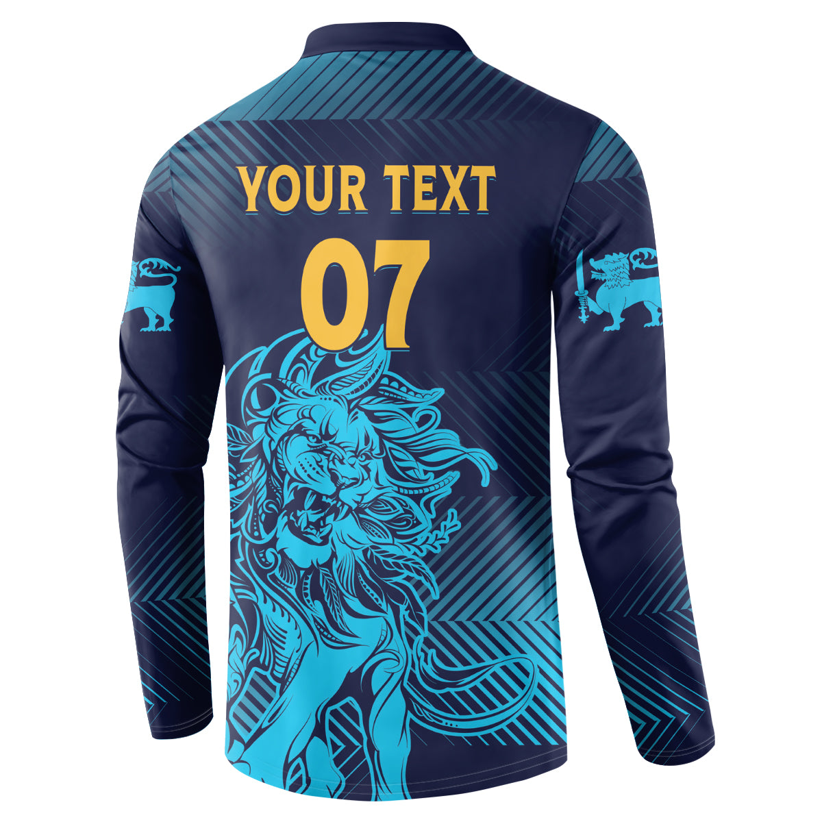 Button sweatshirt back with YOUR TEXT and 07, teal lion graphic on navy-to-teal