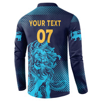 Button sweatshirt back with YOUR TEXT and 07, teal lion graphic on navy-to-teal