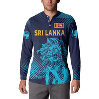 Button sweatshirt on model with SRI LANKA print, lion graphic, navy-to-teal gradient