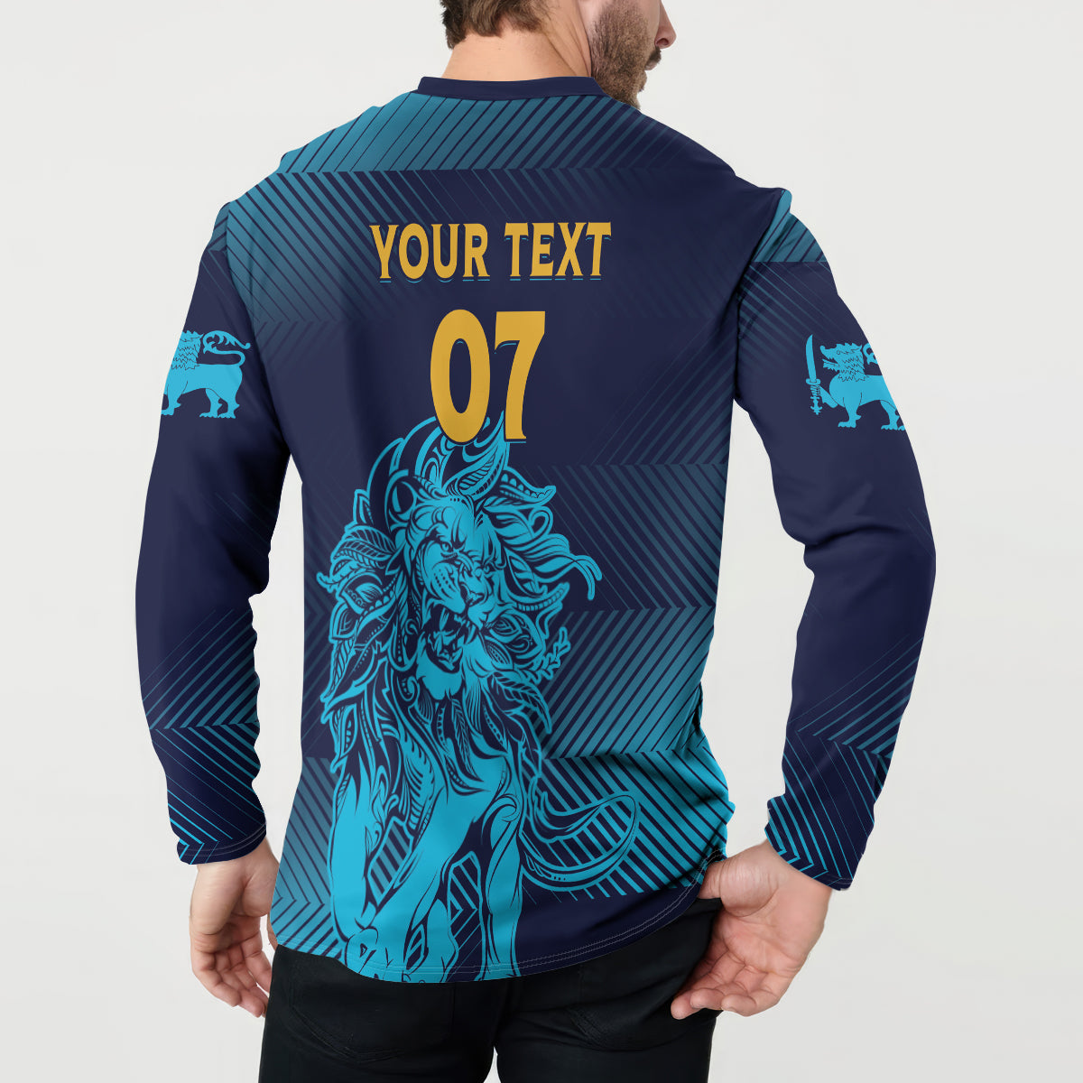 Button sweatshirt back on model: YOUR TEXT 07 and teal lion graphic, navy-to-teal