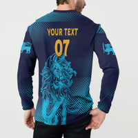 Button sweatshirt back on model: YOUR TEXT 07 and teal lion graphic, navy-to-teal