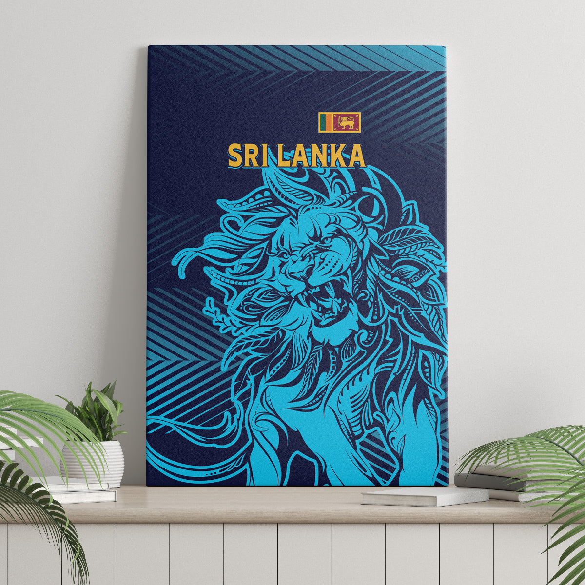 Canvas wall art: close view of blue lion and Sri Lanka title on navy stripes