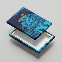 Canvas wall art set: blue lion design with Sri Lanka text on navy striped canvas