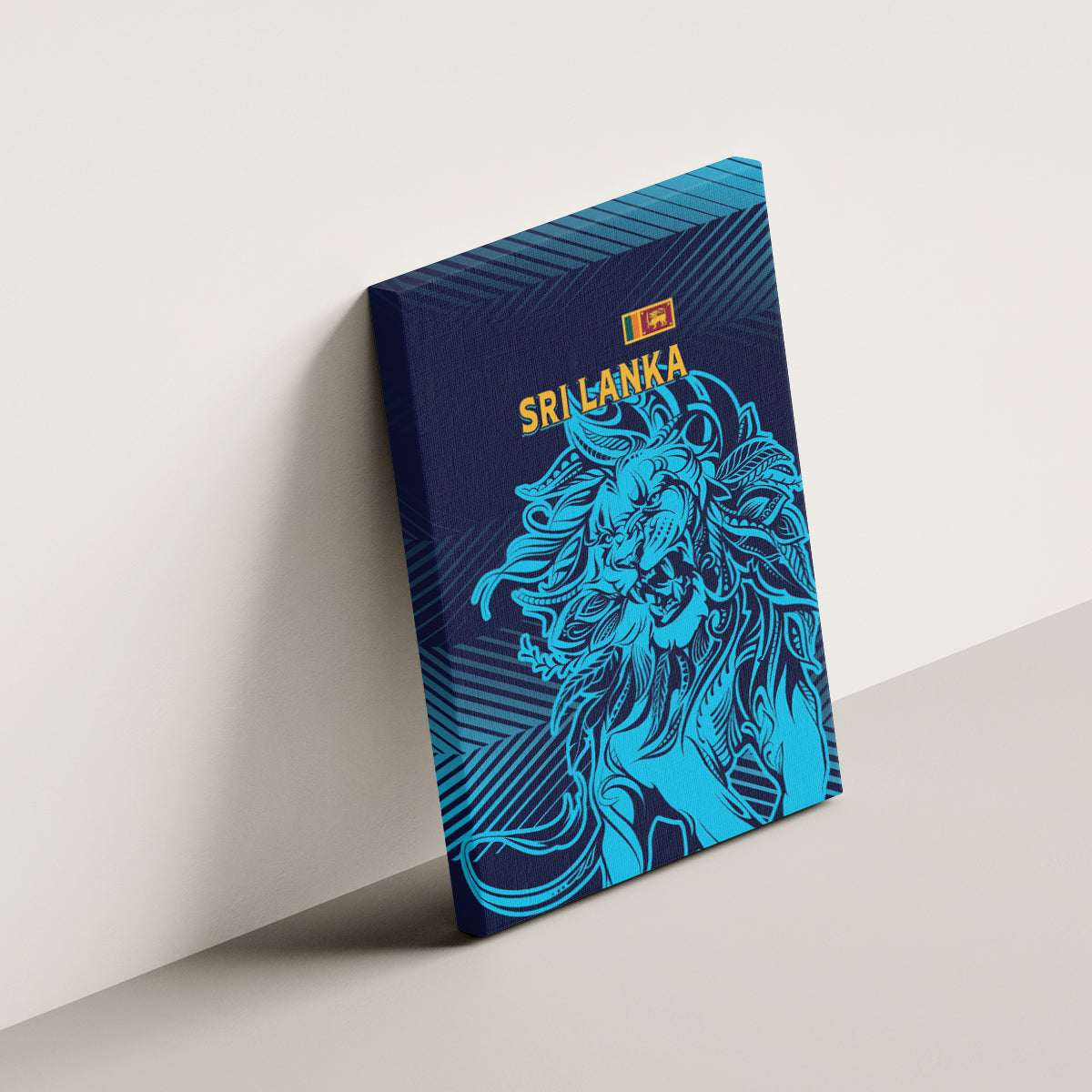 Canvas wall art: blue lion face with Sri Lanka title on navy striped background
