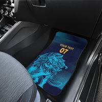 Blue car floor mat with lion artwork and 'Your Text 07' for the front passenger seat.