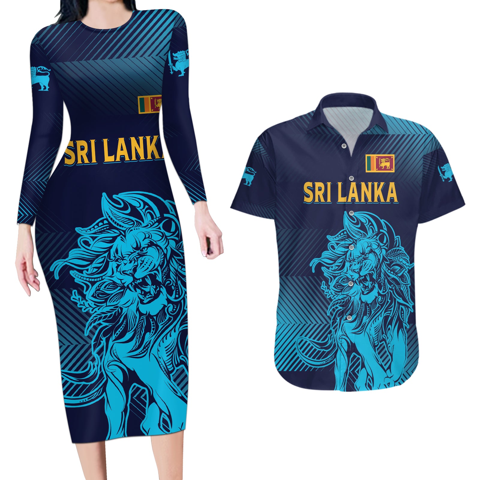 Sri Lanka Cricket Lion World Cup 2024 Couples Matching Long Sleeve Bodycon Dress and Hawaiian Shirt Gradient Inspiration LT7 - Wonder Print Shop