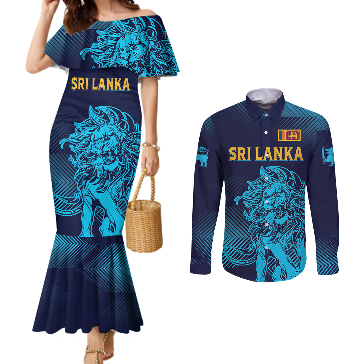 Sri Lanka Cricket Lion World Cup 2024 Couples Matching Mermaid Dress and Long Sleeve Button Shirt Gradient Inspiration