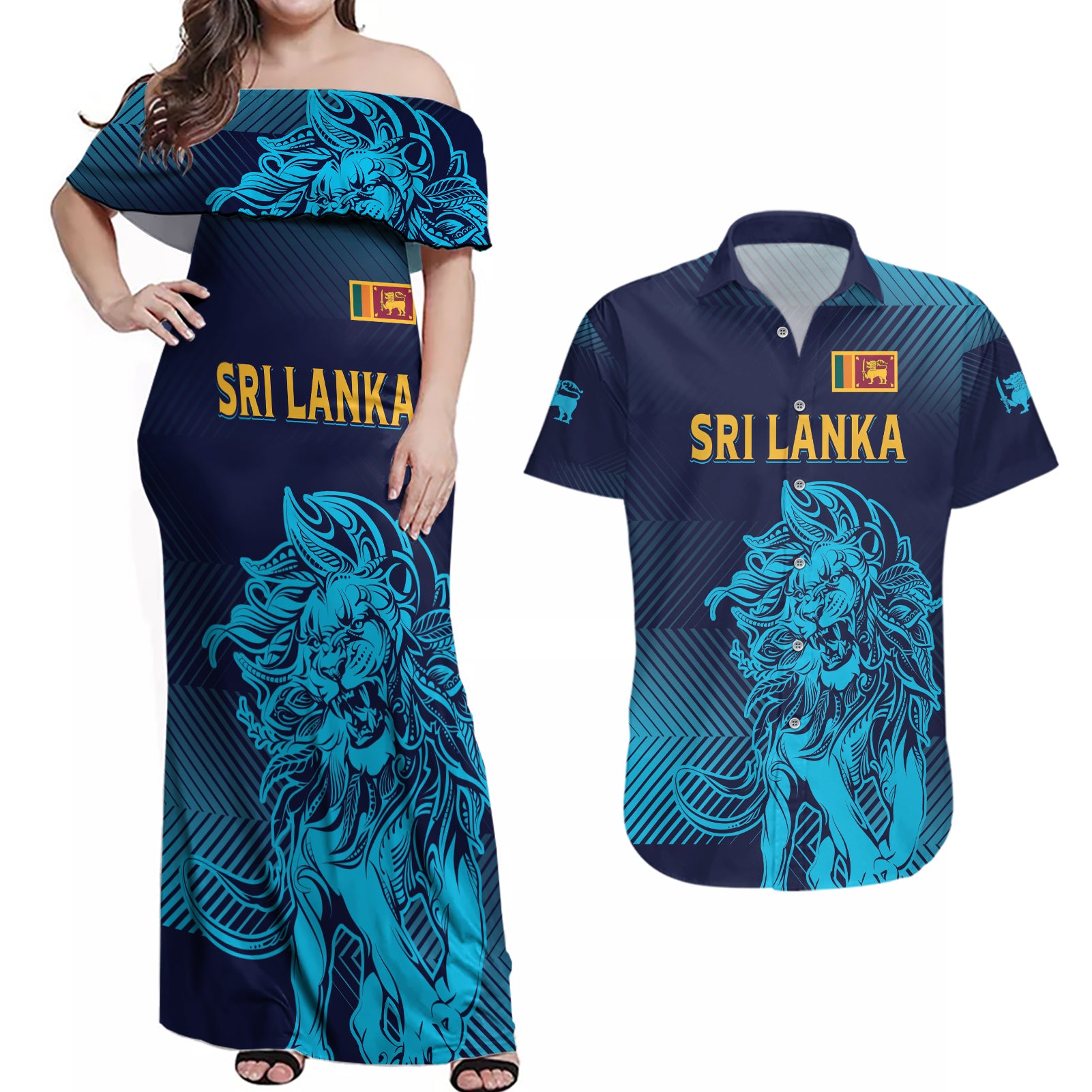 Sri Lanka Cricket Lion World Cup 2024 Couples Matching Off Shoulder Maxi Dress and Hawaiian Shirt Gradient Inspiration LT7 - Wonder Print Shop