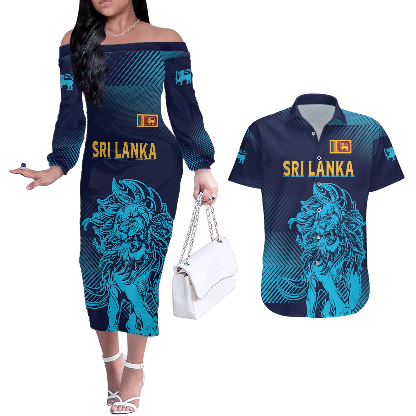 Sri Lanka Cricket Lion World Cup 2024 Couples Matching Off The Shoulder Long Sleeve Dress and Hawaiian Shirt Gradient Inspiration LT7 - Wonder Print Shop