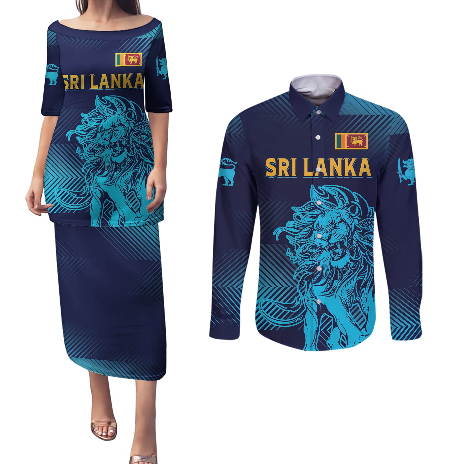 Sri Lanka Cricket Lion World Cup 2024 Couples Matching Puletasi and Long Sleeve Button Shirt Gradient Inspiration LT7 - Wonder Print Shop