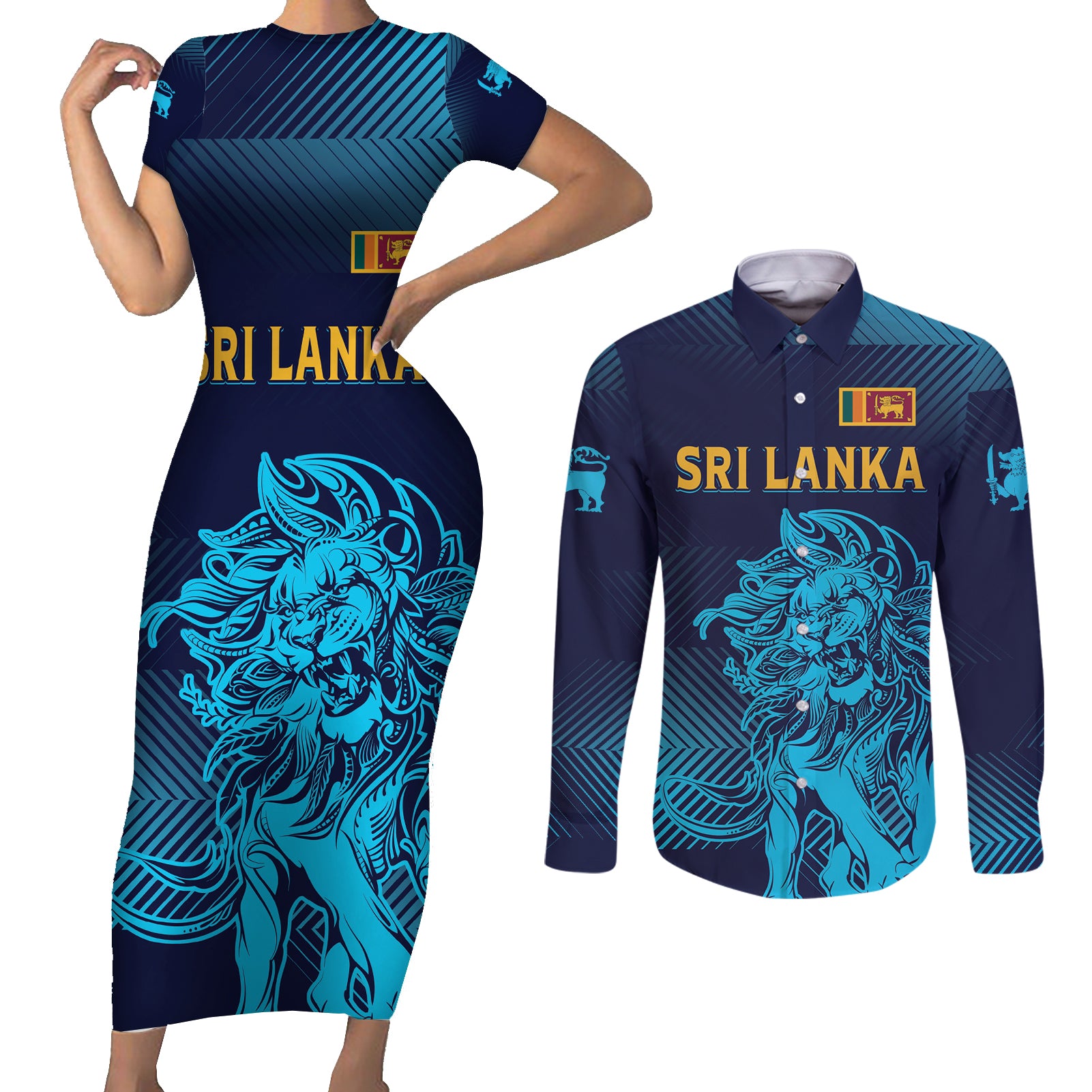 Sri Lanka Cricket Lion World Cup 2024 Couples Matching Short Sleeve Bodycon Dress and Long Sleeve Button Shirt Gradient Inspiration LT7 - Wonder Print Shop