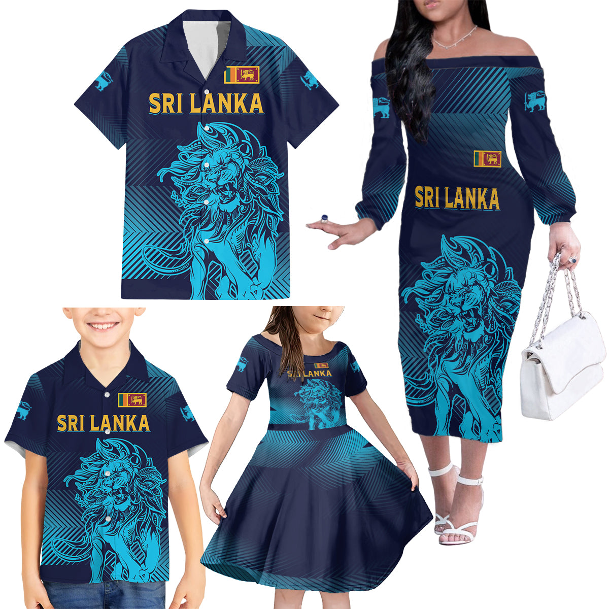 Sri Lanka Cricket Lion World Cup 2024 Family Matching Off The Shoulder Long Sleeve Dress and Hawaiian Shirt Gradient Inspiration - Wonder Print Shop