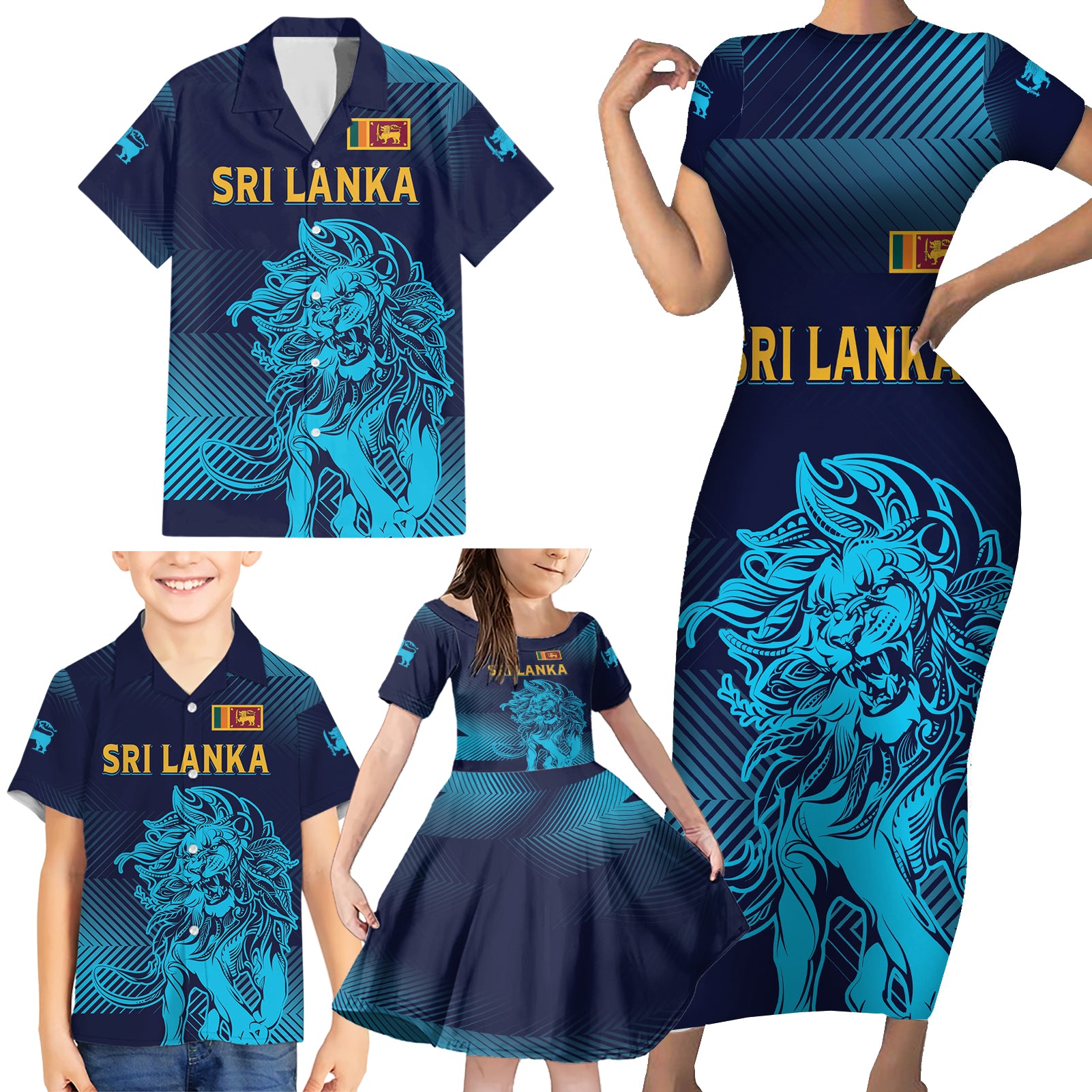 Sri Lanka Cricket Lion World Cup 2024 Family Matching Short Sleeve Bodycon Dress and Hawaiian Shirt Gradient Inspiration - Wonder Print Shop