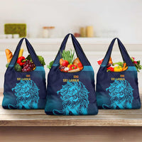 Set of three navy blue grocery tote bags with Sri Lanka lion graphic and blue stripe gradient