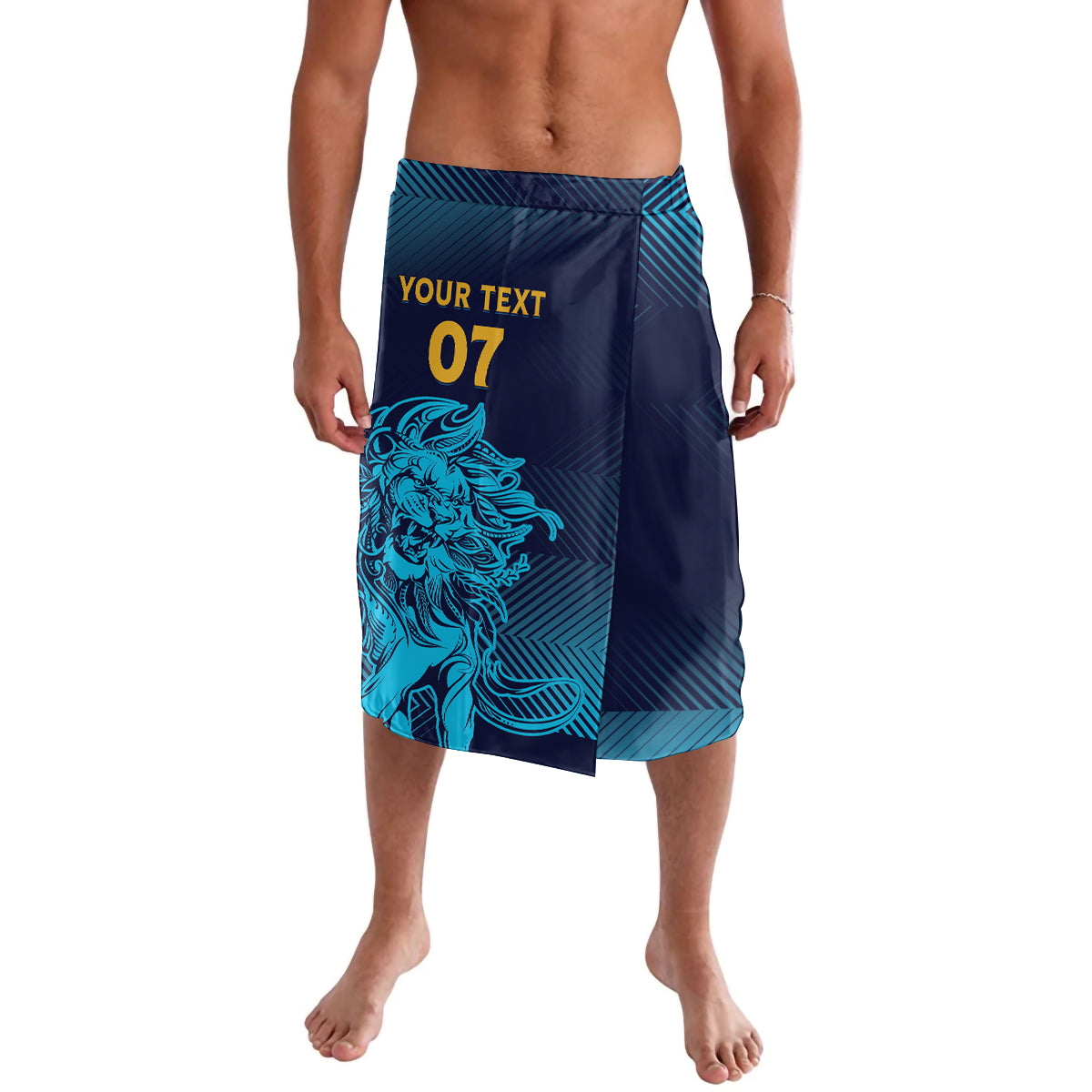 Gradient cricket shorts in navy and teal with lion graphic side panel