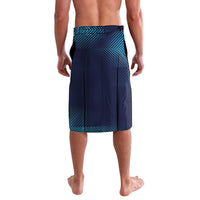Navy gradient cricket shorts with teal geometric trim and front center panel