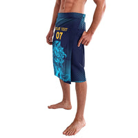 Navy and teal gradient cricket shorts with large lion print and split panel