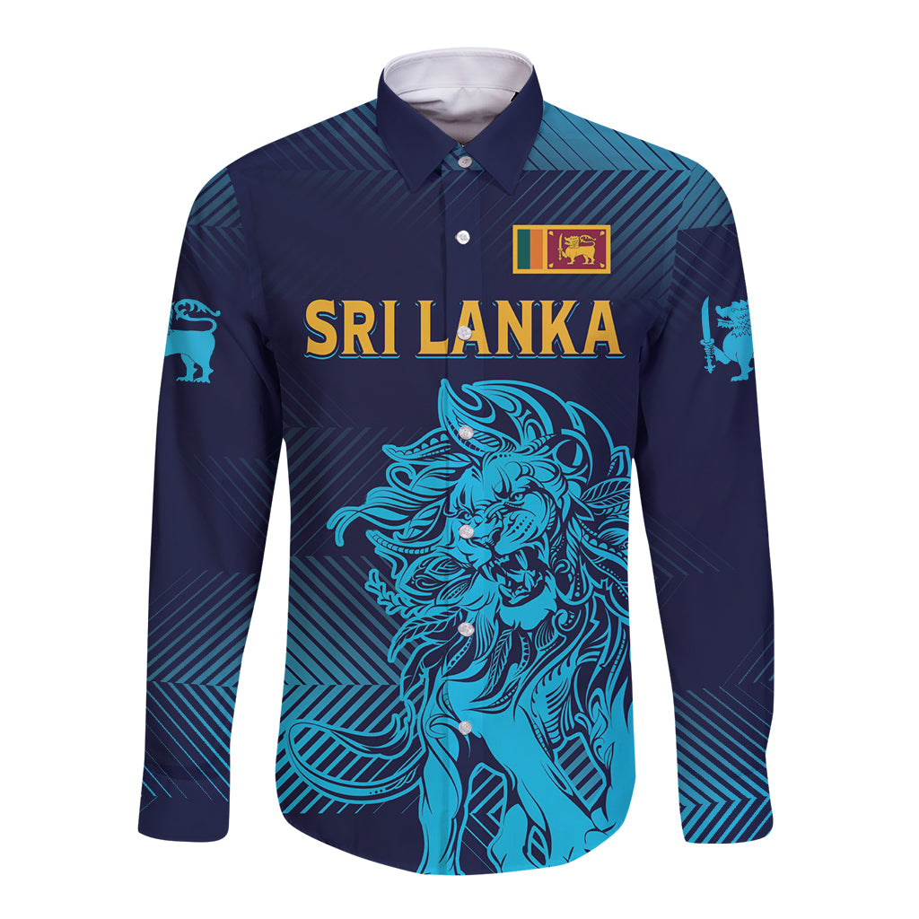 Navy long-sleeve button shirt with Sri Lanka crest and blue lion graphic