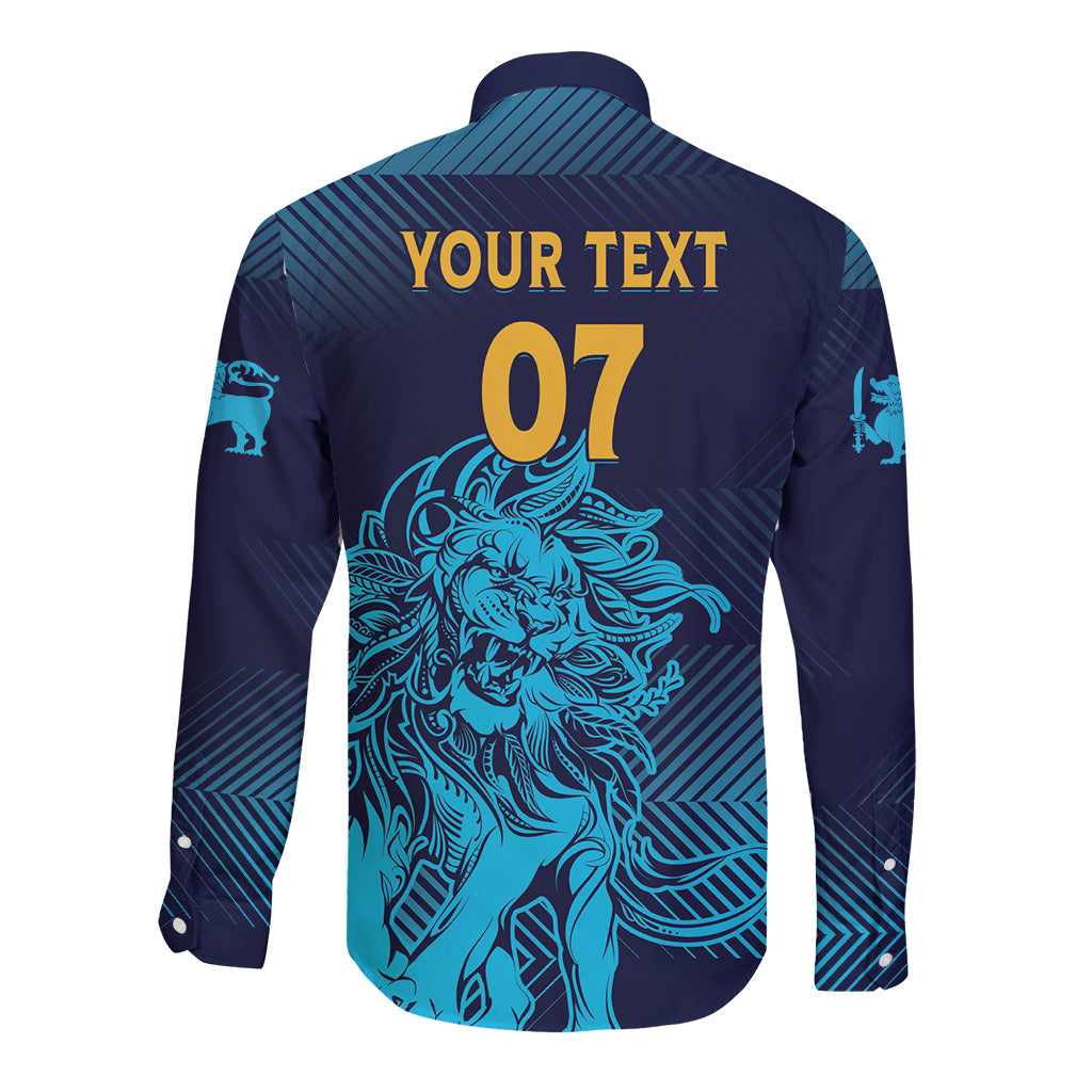 Navy long-sleeve button shirt, blue lion graphic, 'YOUR TEXT 07' on back