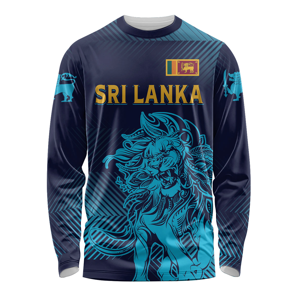 Long sleeve cricket shirt with Sri Lanka text, lion graphic, teal-blue gradient