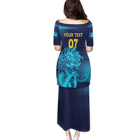 Long sports dress back view with lion graphic, 'YOUR TEXT' and '07', navy-blue