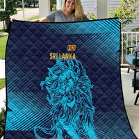 Quilted blanket with dark navy and blue gradient, Sri Lanka lion graphic in neon blue.