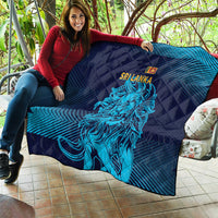 Quilt blanket draped over sofa outdoors, dark navy and blue gradient with neon lion print.