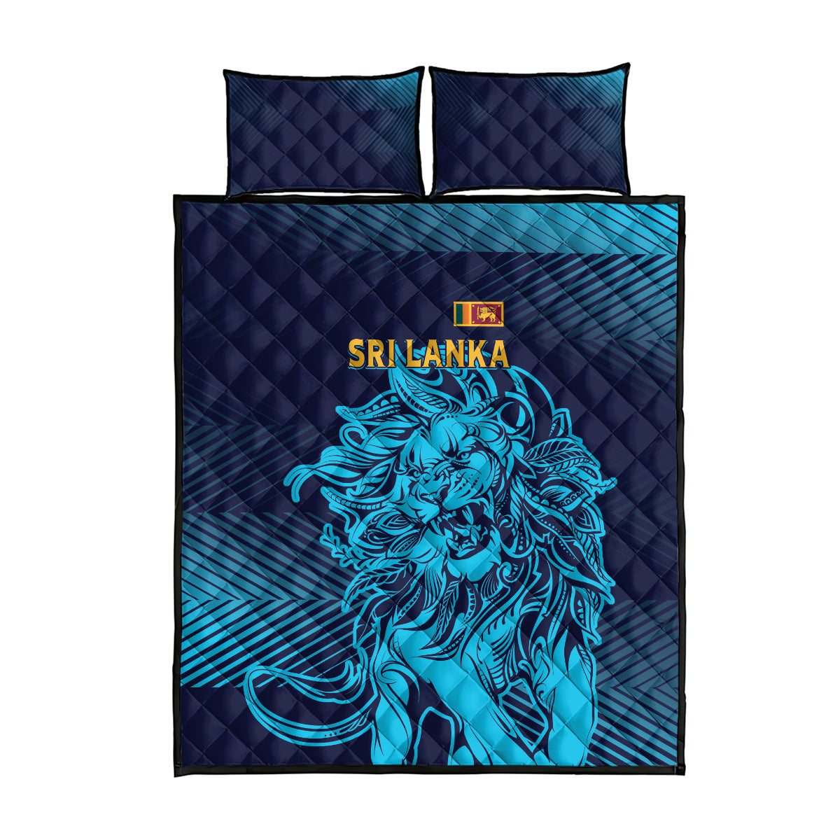 Navy and teal quilt bed set with lion face artwork and two matching pillow shams